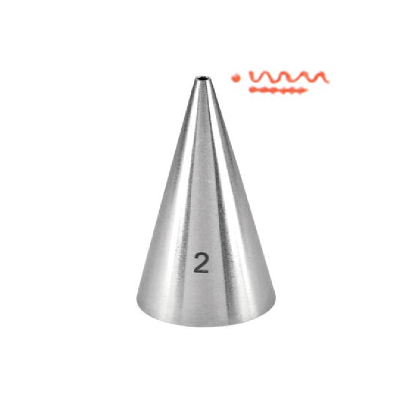 A metal piping nozzle with a conical shape, labeled with the number "2" on its side. The nozzle is shiny and smooth, tapering to a small opening at the top. Next to it, there is an illustration of a wavy line, suggesting the type of decoration that can be created using this nozzle.