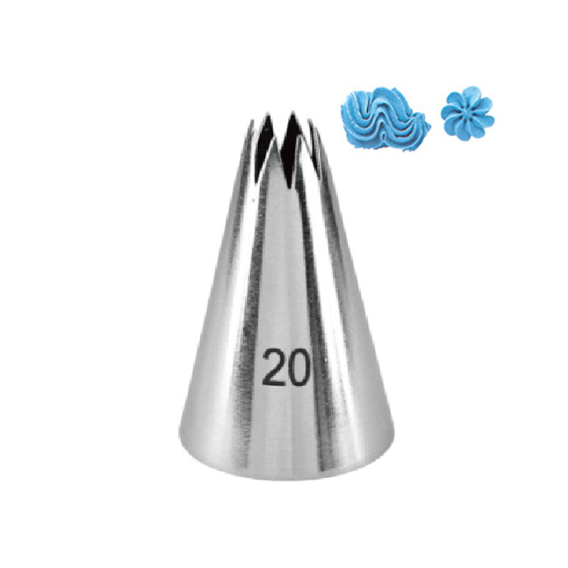 A metal piping nozzle labeled "20" with a pointed, tapered design. To the right, two decorative elements made of blue icing are shown: one resembling a wavy line and the other a flower shape. The background is plain white.