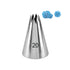 A metal piping nozzle labeled "20" with a pointed, tapered design. To the right, two decorative elements made of blue icing are shown: one resembling a wavy line and the other a flower shape. The background is plain white.