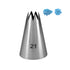 A stainless steel piping nozzle with the number "21" printed on its side, featuring a star-shaped opening at the top. Next to it are two decorative icing examples in blue, one resembling a swirl and the other a flower shape.