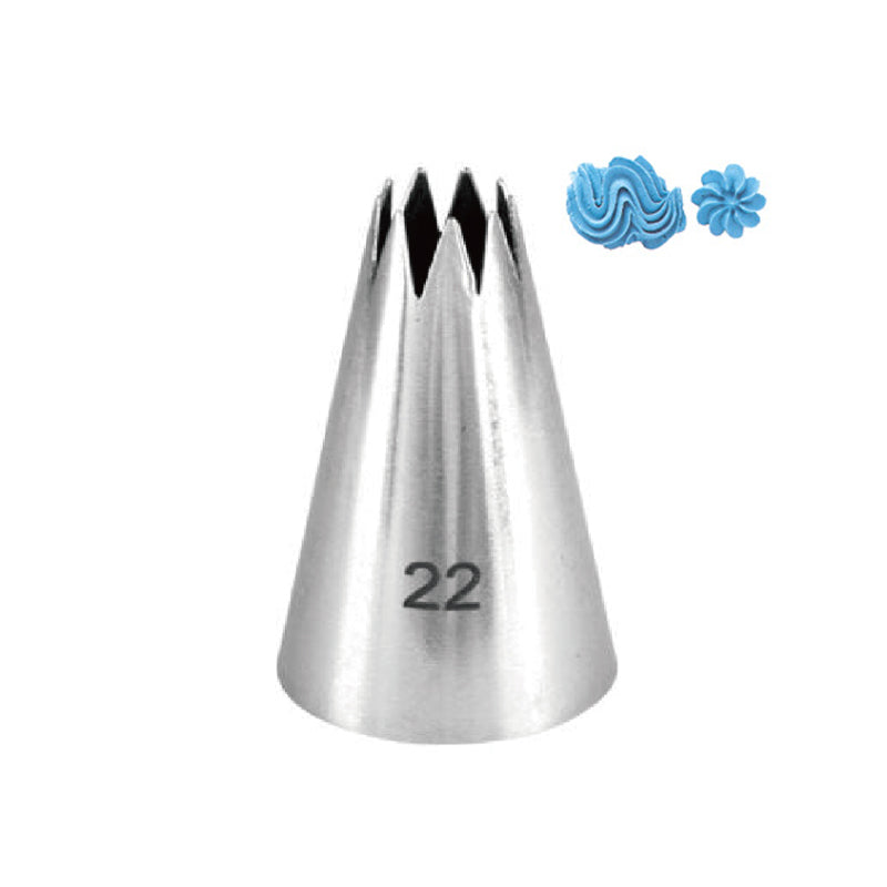 "A metal piping nozzle with a pointed top and serrated edges, labeled &