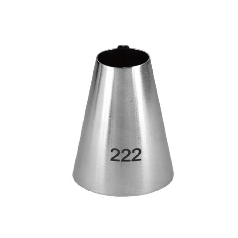 A metallic piping nozzle with a conical shape, marked with the number "222" on its side. The opening at the top is round and slightly flared.