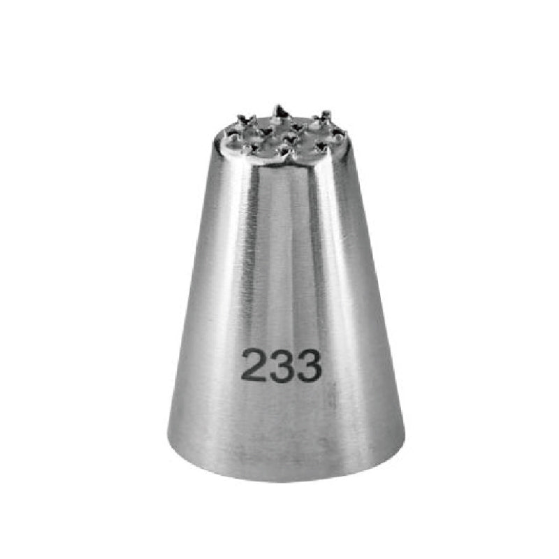 A metal piping nozzle with a conical shape, featuring a star-shaped opening at the top. The nozzle is marked with the number "233" on one side. The surface is shiny and smooth, typical of stainless steel.