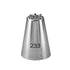 A metal piping nozzle with a conical shape, featuring a star-shaped opening at the top. The nozzle is marked with the number "233" on one side. The surface is shiny and smooth, typical of stainless steel.