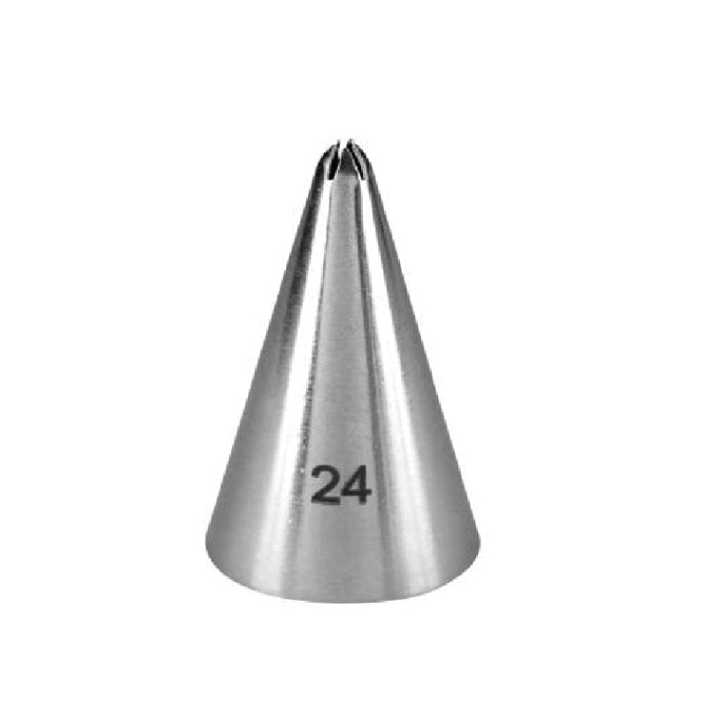 A silver metal piping nozzle with a conical shape, featuring two small openings at the tip and the number &