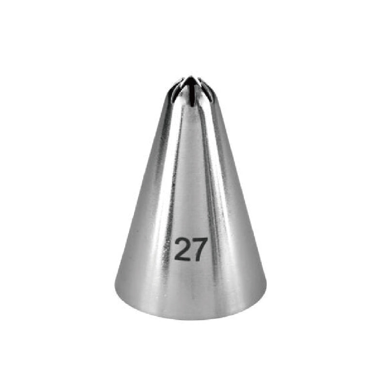 A metal piping nozzle shaped like a cone with a pointed tip and an opening at the top. The nozzle is marked with the number "27" on its side.