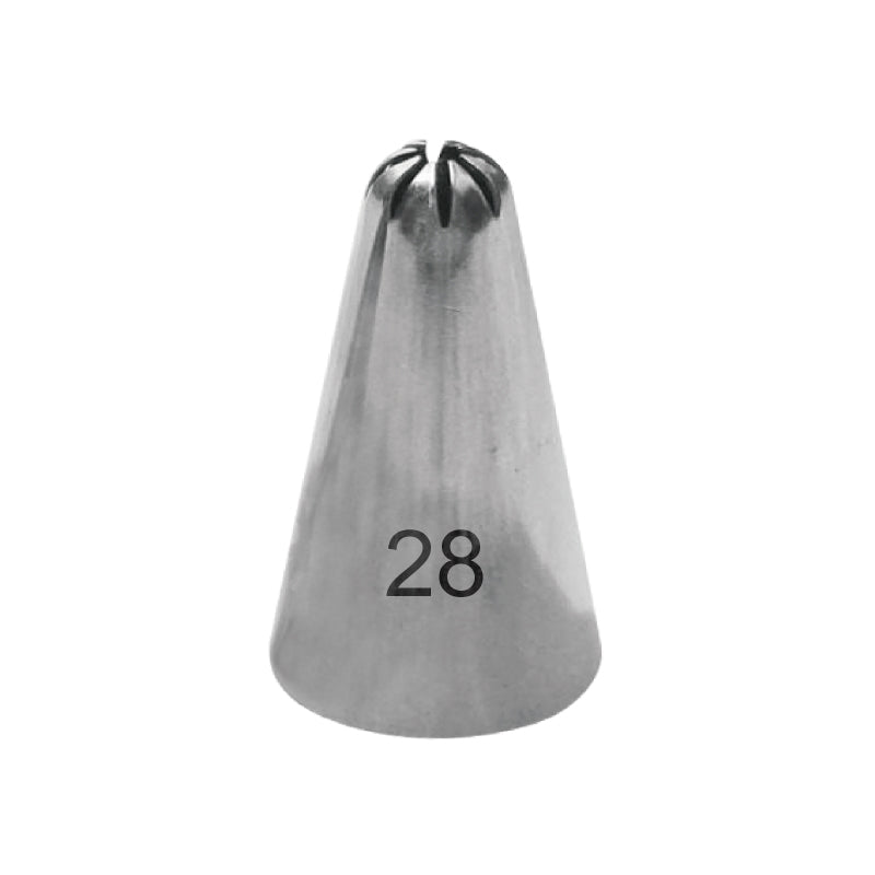 A stainless steel piping nozzle with a conical shape and an open tip featuring five small prongs at the top. The number "28" is printed on the side of the nozzle, indicating its size or model.