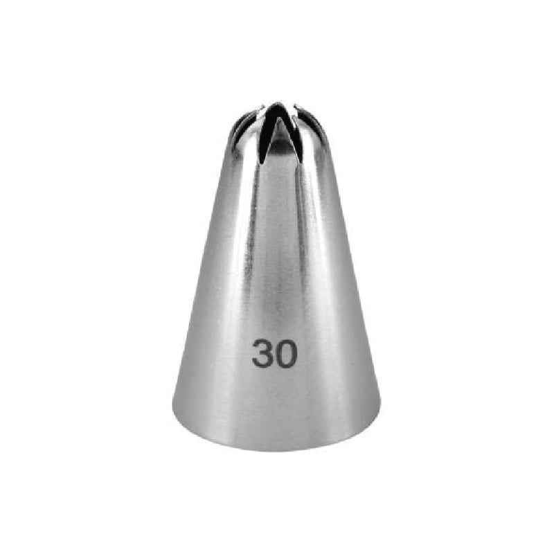 Image of a stainless steel piping nozzle with a conical shape, featuring an open tip with four cut sections at the top. The number "30" is printed on the side of the nozzle, indicating its size or type. The background is plain and does not distract from the product.