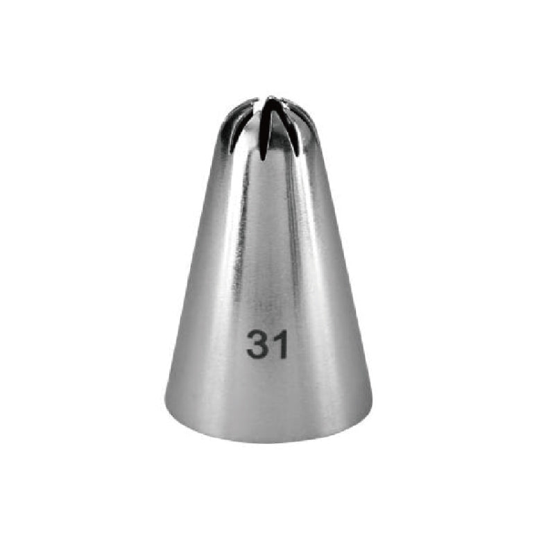 A stainless steel piping nozzle with a tapered conical shape. The tip features a decorative opening with two slits, and the number "31" is printed on the side. The nozzle is designed for cake decorating and pastry work.
