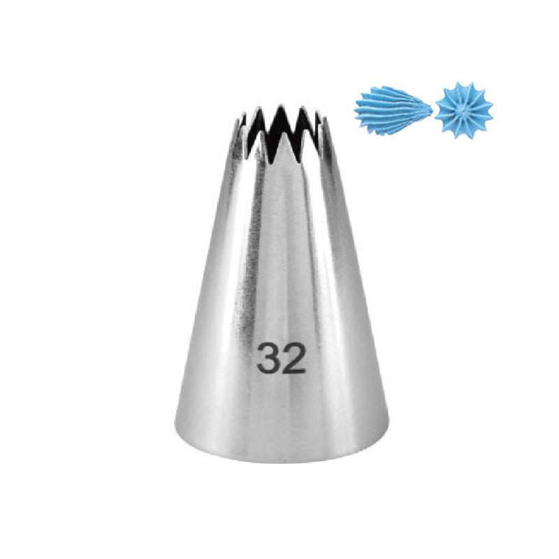 An image of a metal piping nozzle labeled "32." The nozzle has a tapered cone shape with a serrated opening at the top, designed for decorative icing work. Next to the nozzle, there is a small blue icing decoration resembling a flower or star. The overall visual emphasizes the nozzle&