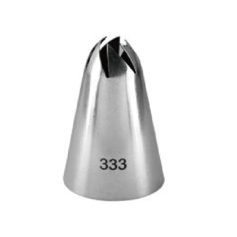 A stainless steel piping nozzle with a conical shape and an open tip featuring two slits at the top. The nozzle is marked with the number "333" on its side.