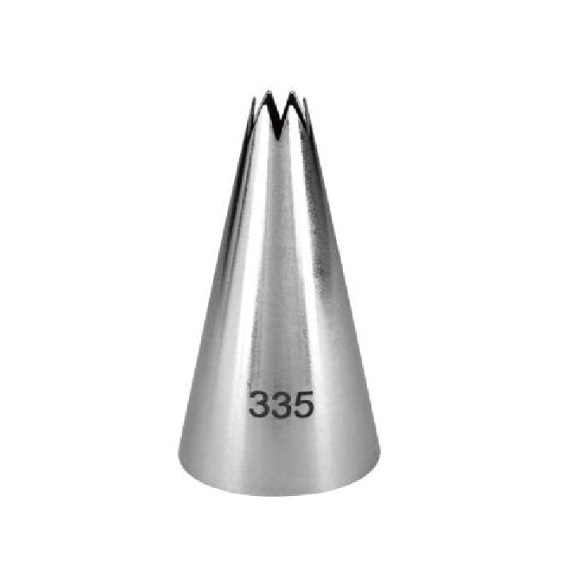 A stainless steel piping nozzle with a tapered cone shape, featuring a jagged opening at the top. The number "335" is printed on the side of the nozzle.