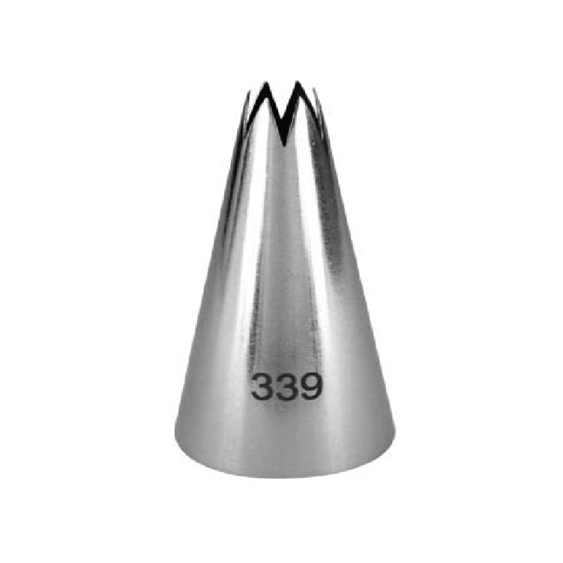 A metallic piping nozzle shaped like a cone, with a pointed tip that has a star-like opening at the top. The nozzle is labeled with the number "339" engraved on its side. The surface is shiny and smooth, typical of a stainless steel finish, suitable for baking and decorating purposes.