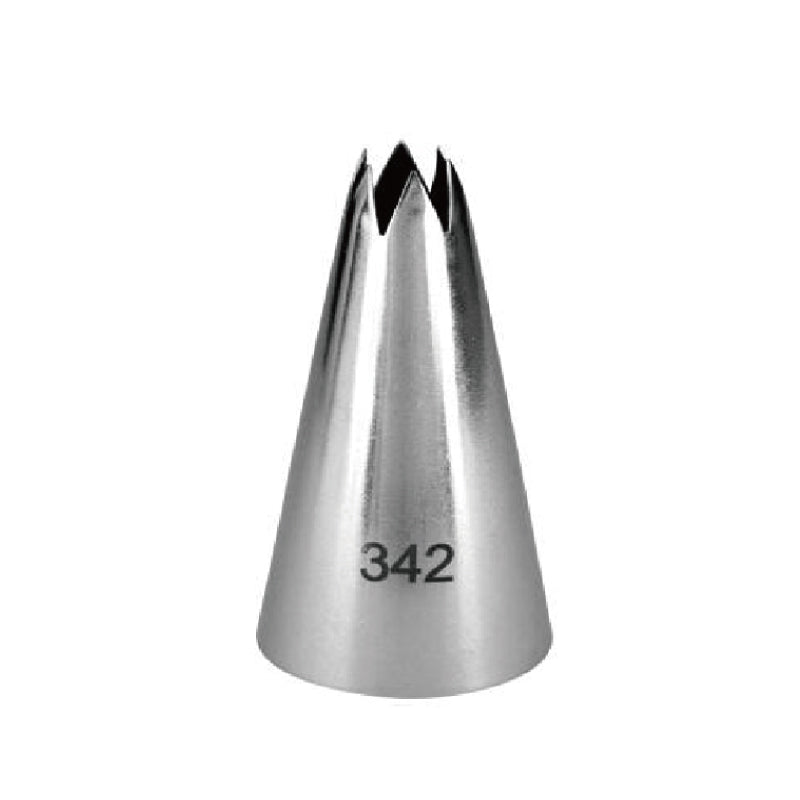 A stainless steel piping nozzle with a conical shape, featuring a pointed tip and a serrated opening. The number "342" is printed on the side of the nozzle. The background is plain white.