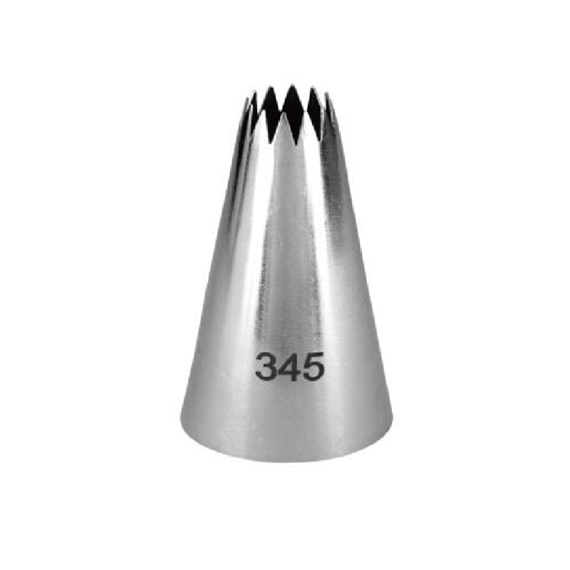 A stainless steel piping nozzle with a conical shape, featuring an open star tip at the top. The nozzle is marked with the number "345" on the side, indicating its specific design or size. The shiny, metallic surface reflects light, highlighting its smooth finish.