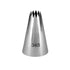 A stainless steel piping nozzle with a conical shape, featuring an open star tip at the top. The nozzle is marked with the number "345" on the side, indicating its specific design or size. The shiny, metallic surface reflects light, highlighting its smooth finish.