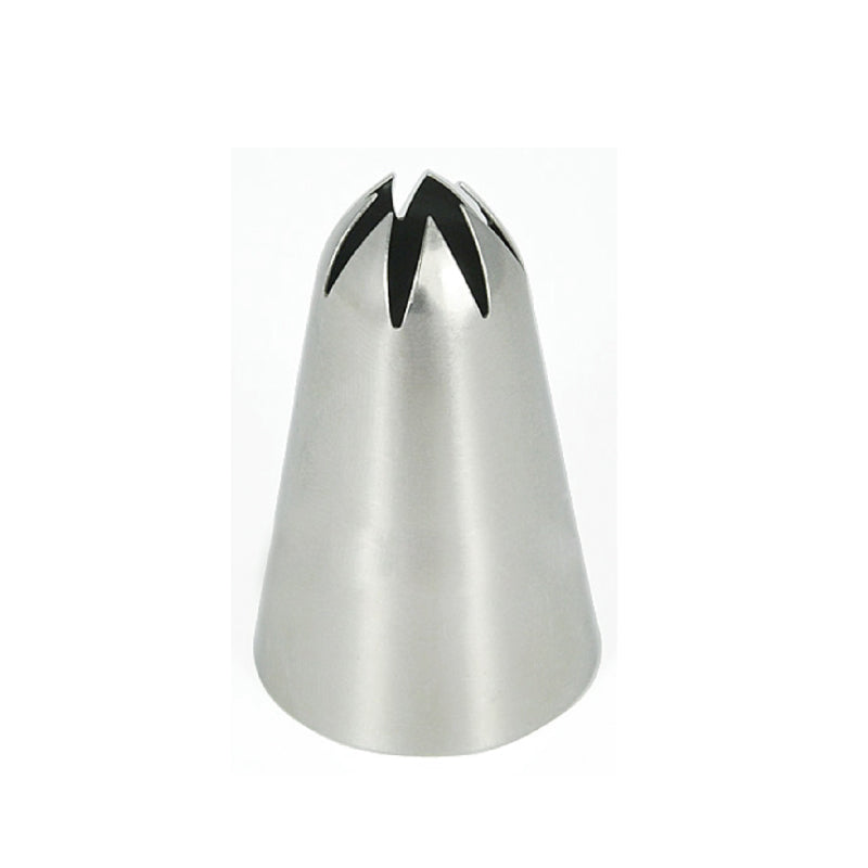 A stainless steel piping nozzle shaped like a cone with a pointed tip and a fluted opening at the top, designed for decorating cakes and pastries.