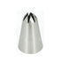 A stainless steel piping nozzle shaped like a cone with a pointed tip and a fluted opening at the top, designed for decorating cakes and pastries.