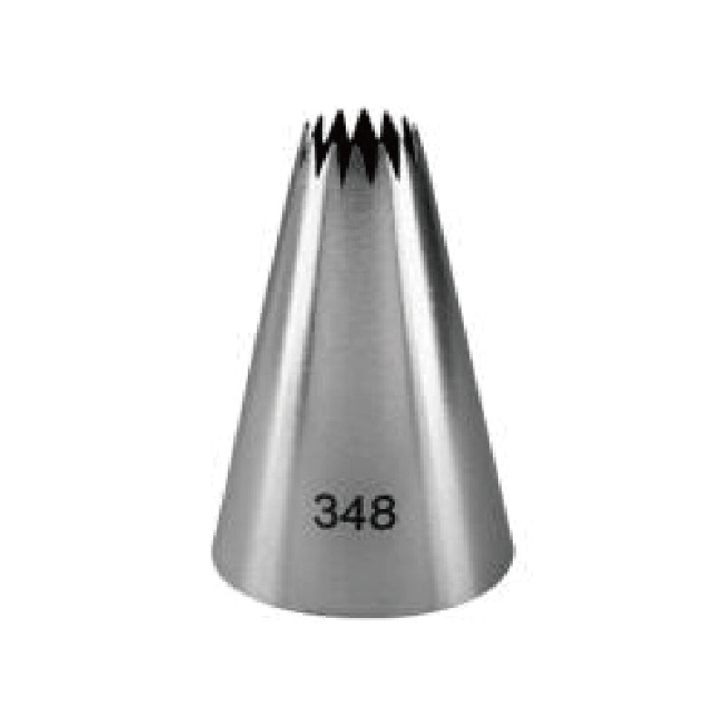 An image of a stainless steel piping nozzle, styled in a conical shape with a fluted edge at the top. The nozzle has the number "348" printed on its side. It is designed for decorating cakes and other pastries. The background is plain, emphasizing the nozzle.