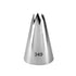 A silver metal piping nozzle with a conical shape and a jagged top, labeled with the number "349" on its side. The nozzle is designed for decorating baked goods like cakes and pastries. The background is plain white.