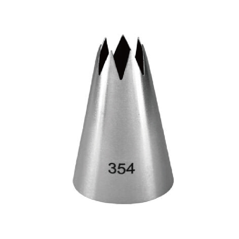A metallic piping nozzle with the number "354" printed on its side. The nozzle has a cone shape and features multiple pointed teeth at the top, which are typically used for decorating cakes and pastries. The surface is shiny, indicating it is made of stainless steel. The background is plain to highlight the nozzle.