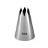 A metallic piping nozzle with the number "354" printed on its side. The nozzle has a cone shape and features multiple pointed teeth at the top, which are typically used for decorating cakes and pastries. The surface is shiny, indicating it is made of stainless steel. The background is plain to highlight the nozzle.