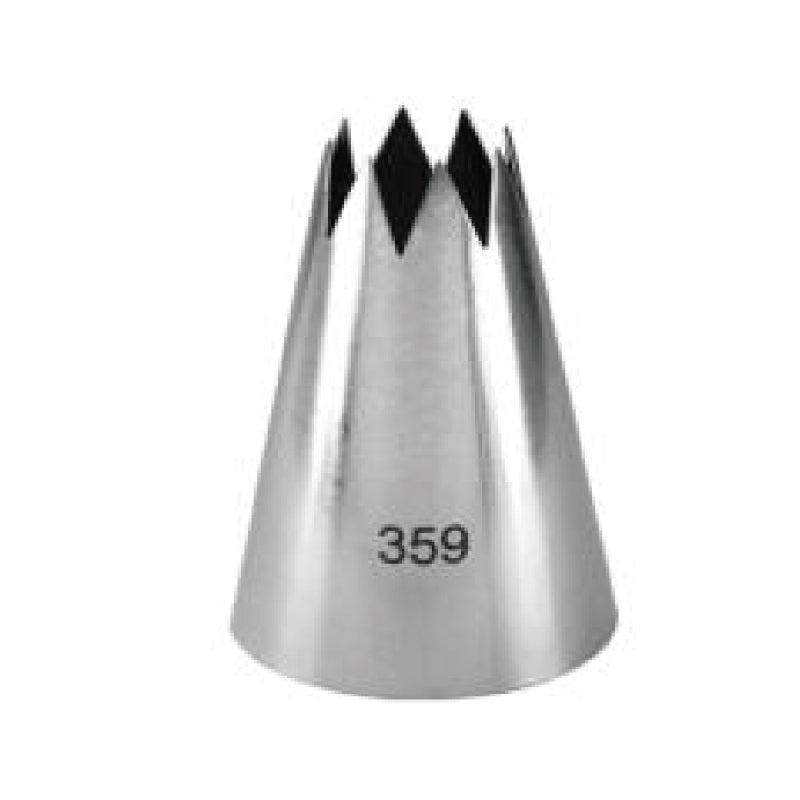A metallic piping nozzle with a tall, cone-shaped design and a fluted tip, featuring the number "359" printed on its side. The nozzle has multiple pointed edges at the top, designed for decorative piping in baking.
