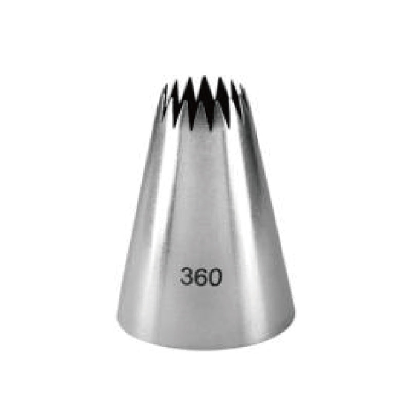 A stainless steel piping nozzle with a conical shape and a fluted tip, labeled with the number "360." The nozzle tapers down to a circular base.