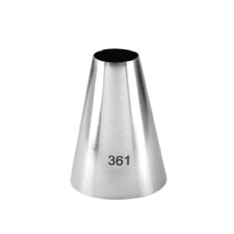 A stainless steel piping nozzle with a conical shape, featuring the number "361" printed on its side. The opening is wider at the top and narrows towards the bottom.