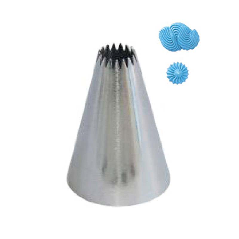 A stainless steel piping nozzle shaped like a cone with a serrated opening at the top. Two decorative blue icing swirls are shown beside it, demonstrating the type of designs that can be created using the nozzle.