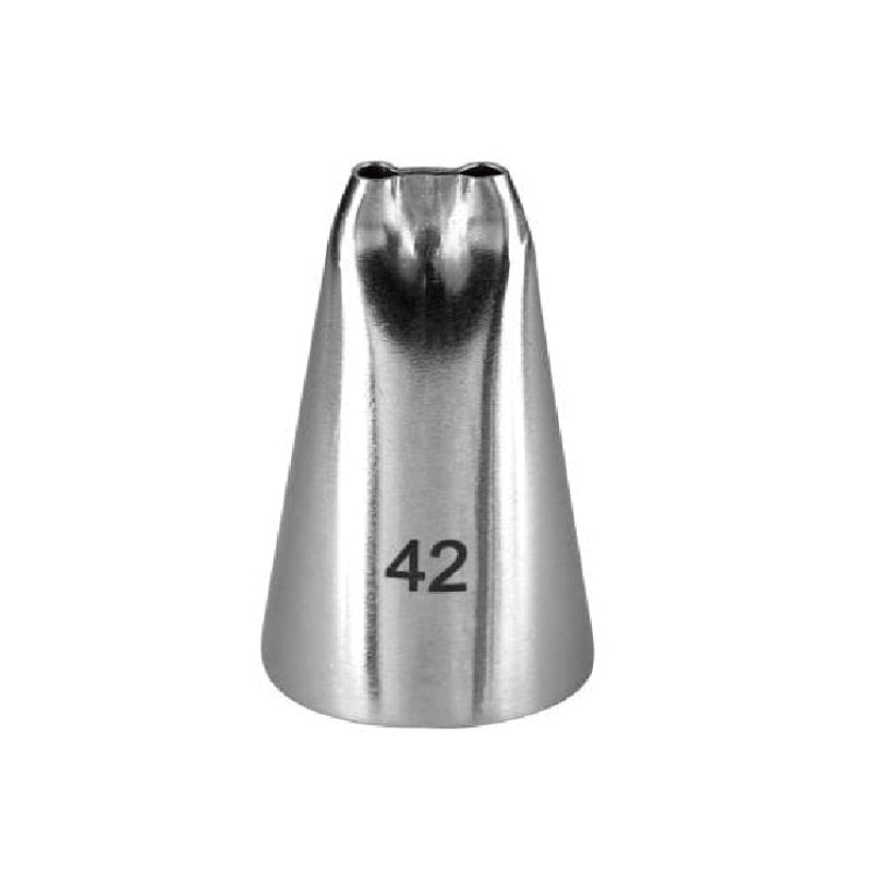 A stainless steel piping nozzle with a conical shape. The nozzle features an opening at the top and is marked with the number "42" on its side.