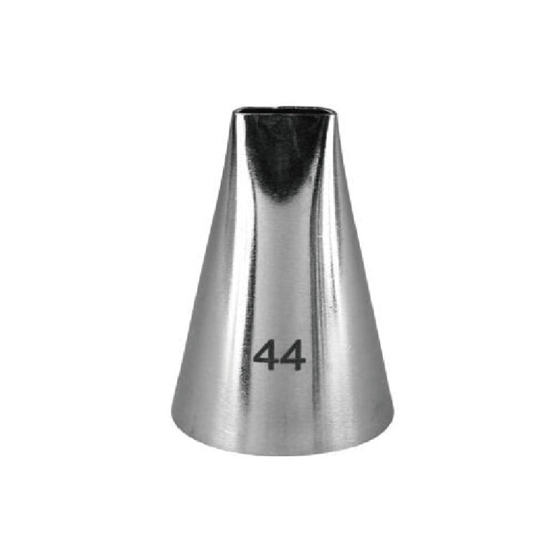A stainless steel piping nozzle with a wide, open top and tapered design, labeled with the number "44." The nozzle has a shiny finish and a circular base.
