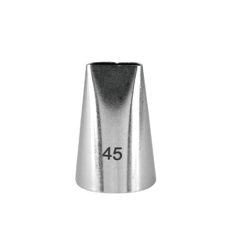 A stainless steel piping nozzle in a conical shape, labeled with the number "45" on one side. The nozzle has a pointed opening at the top, designed for decorating cakes and pastries.