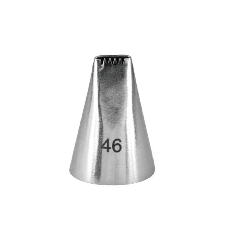 A metallic piping nozzle with a conical shape. The nozzle has a flat opening at the top featuring a serrated edge. The number "46" is printed on the side of the nozzle in black.