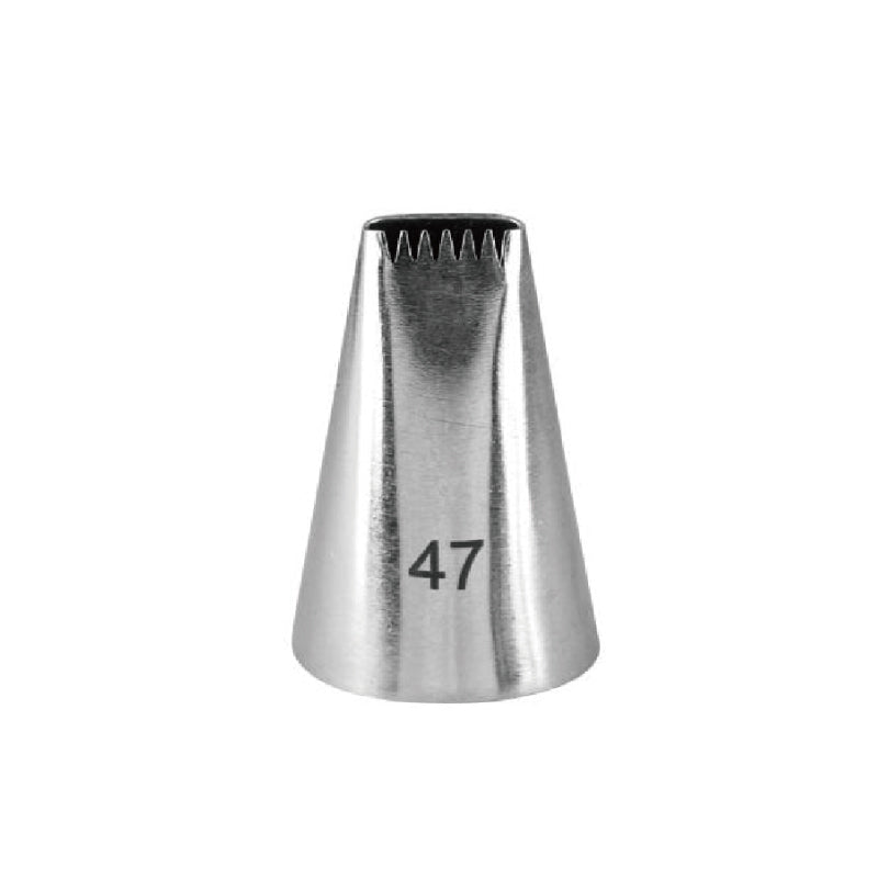A stainless steel piping nozzle shaped like a cone, with a flat opening at the top that has ridges for creating decorative designs. The number &