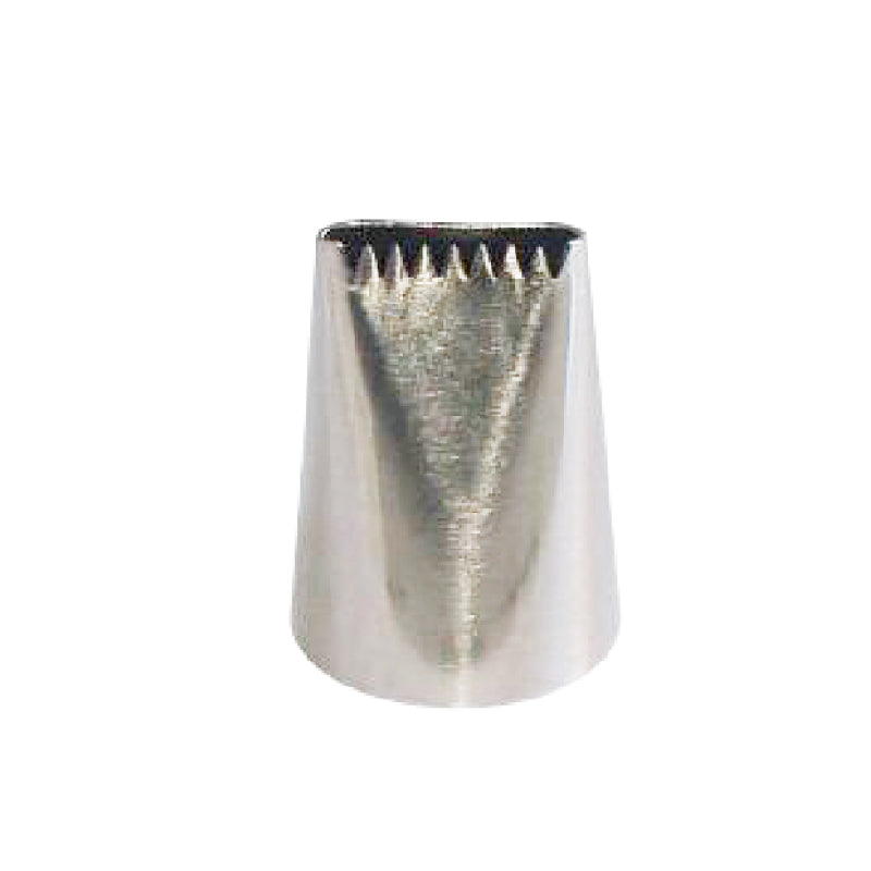 A stainless steel piping nozzle with a tapered shape and a serrated opening at the top, designed for decorating cakes and pastries.