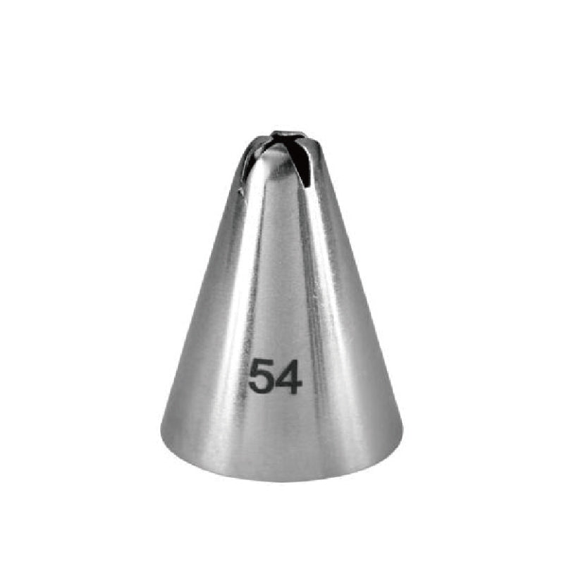 A stainless steel piping nozzle shaped like a cone, featuring a single opening at the top and the number "54" printed on its side. The nozzle has a polished finish and tapers down to a wider base.