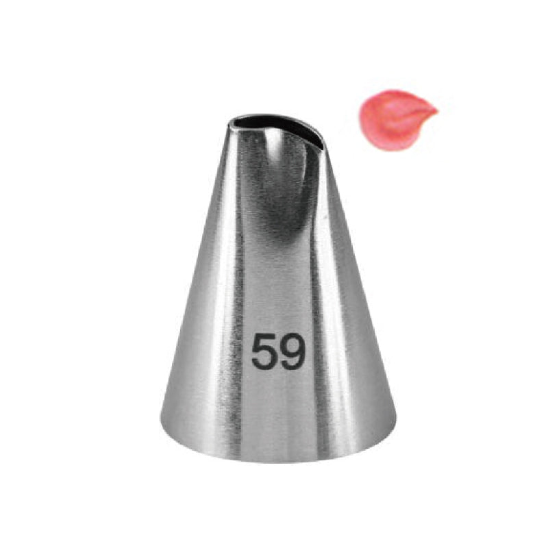 The image shows a metal piping nozzle with a cone shape, featuring the number "59" printed on its side. Next to the nozzle, there is a small swirl of pink icing, indicating the type of decoration that can be created with this tool. The background is plain, highlighting the nozzle and the icing.