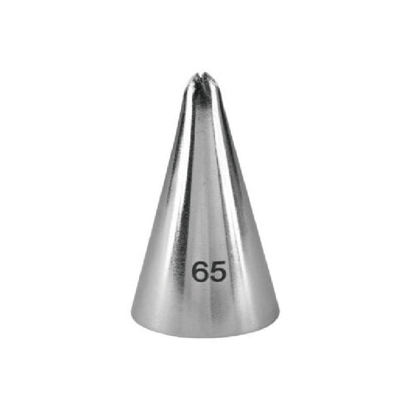 A metallic piping nozzle with a conical shape, featuring a pointed tip and the number "65" printed on its side. The nozzle is designed for decorating baked goods.