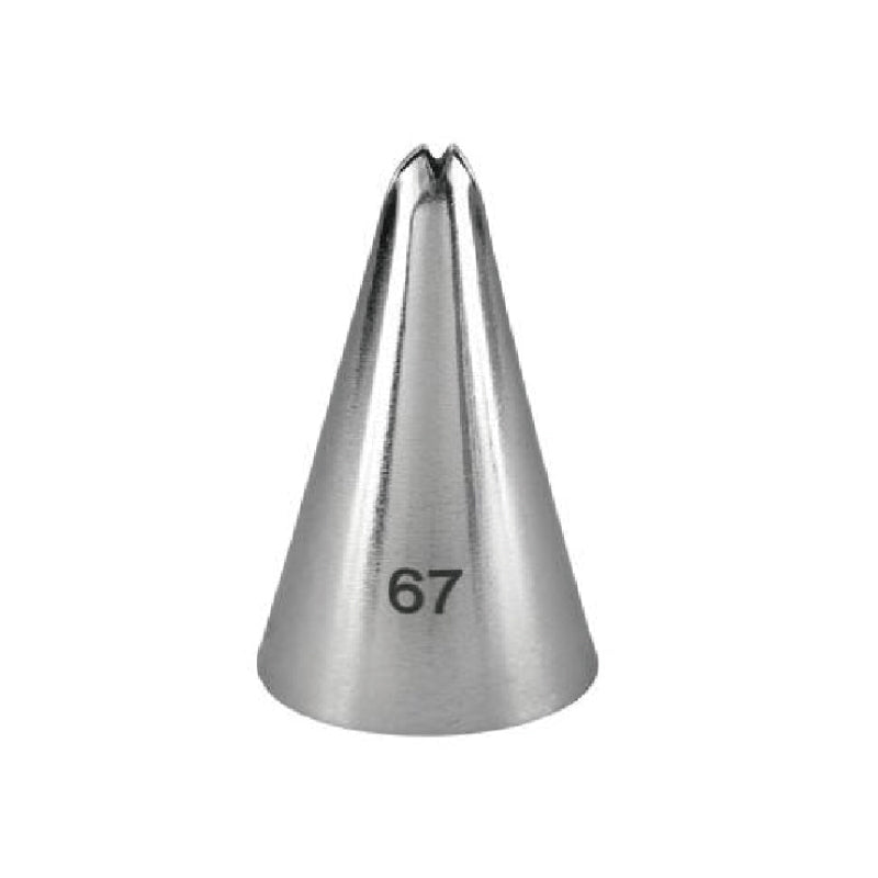 A stainless steel piping nozzle shaped like a conical tube with a pointed tip. The nozzle is labeled with the number "67" on its side. The surface has a shiny finish, reflecting light. The opening at the top is slightly flared with two small indentations at the tip, suggesting it&