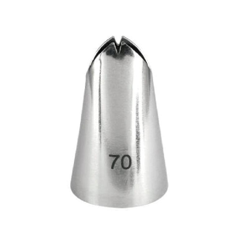 A stainless steel piping nozzle with a pointed top, featuring a notch in the center. The number "70" is stamped on the side of the nozzle. The nozzle has a conical shape, tapering down to a wider base.