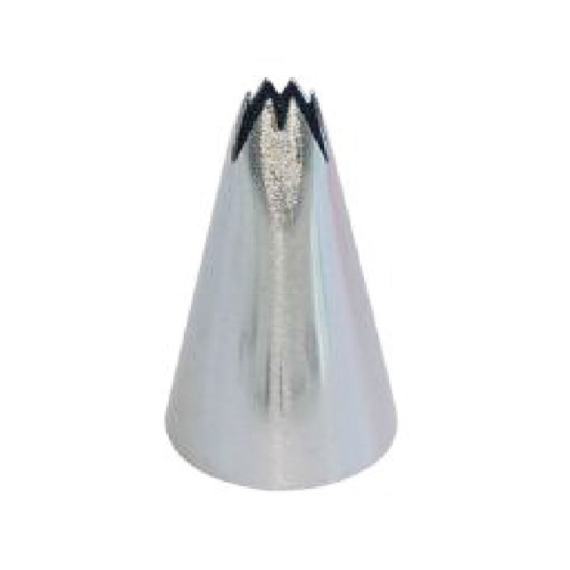 A piping nozzle, specifically model 71, is shown in the image. It is cone-shaped with a narrow opening at the top that features a star-like design, allowing for decorative piping of frosting or icing. The nozzle has a shiny metallic finish, and its tapered body leads down to a wider base.