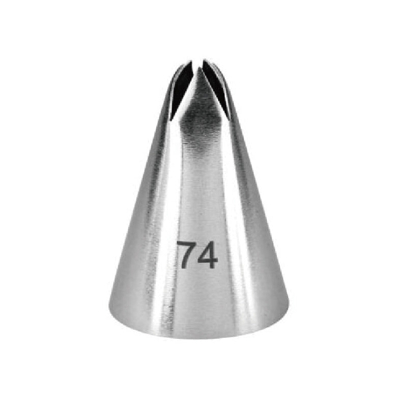 Animage of a piping nozzle made of shiny metal, shaped like a cone with a pointed tip. The nozzle features two slits at the top and has the number "74" printed on its side.