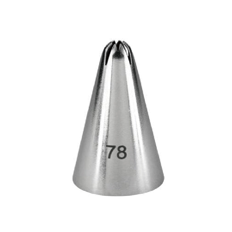 An image of a metal piping nozzle with a conical shape, labeled with the number "78." The nozzle has a pointed end with a star-shaped opening at the top, designed for decorating cakes and pastries. The surface is shiny and reflective.