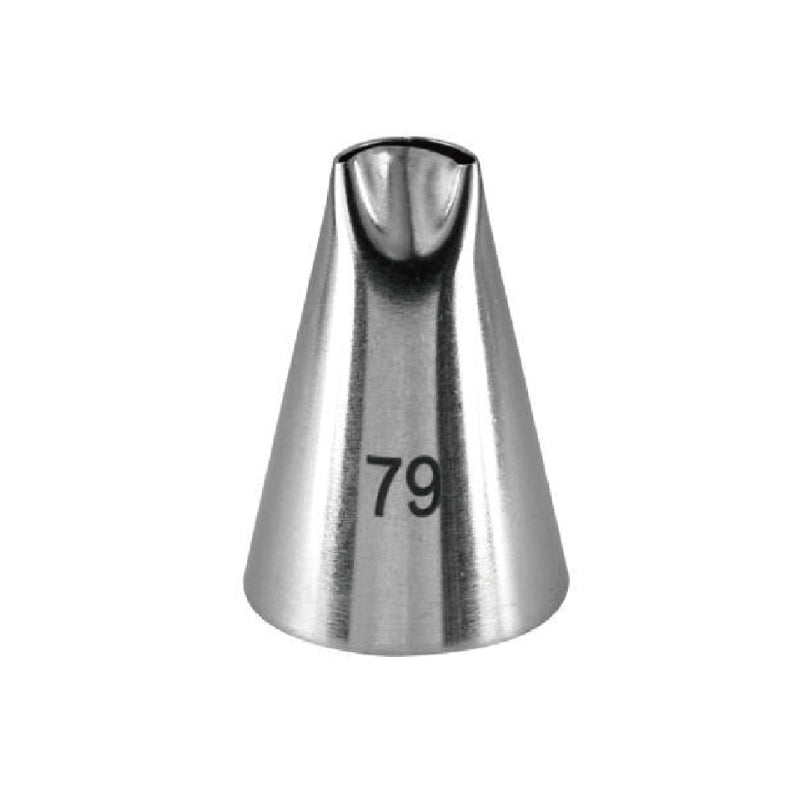 A stainless steel piping nozzle shaped like a cone, with a narrow opening at the top and the number "79" printed on the side.