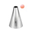 The image features a stainless steel piping nozzle shaped like a cone with a smooth surface. The nozzle is labeled with the number "8" on its side, indicating its size. Above the nozzle, there is a small pink icing dollop that resembles a decorative swirl, showcasing the type of work the nozzle can produce. The background is plain and white, emphasizing the nozzle and its capabilities.
