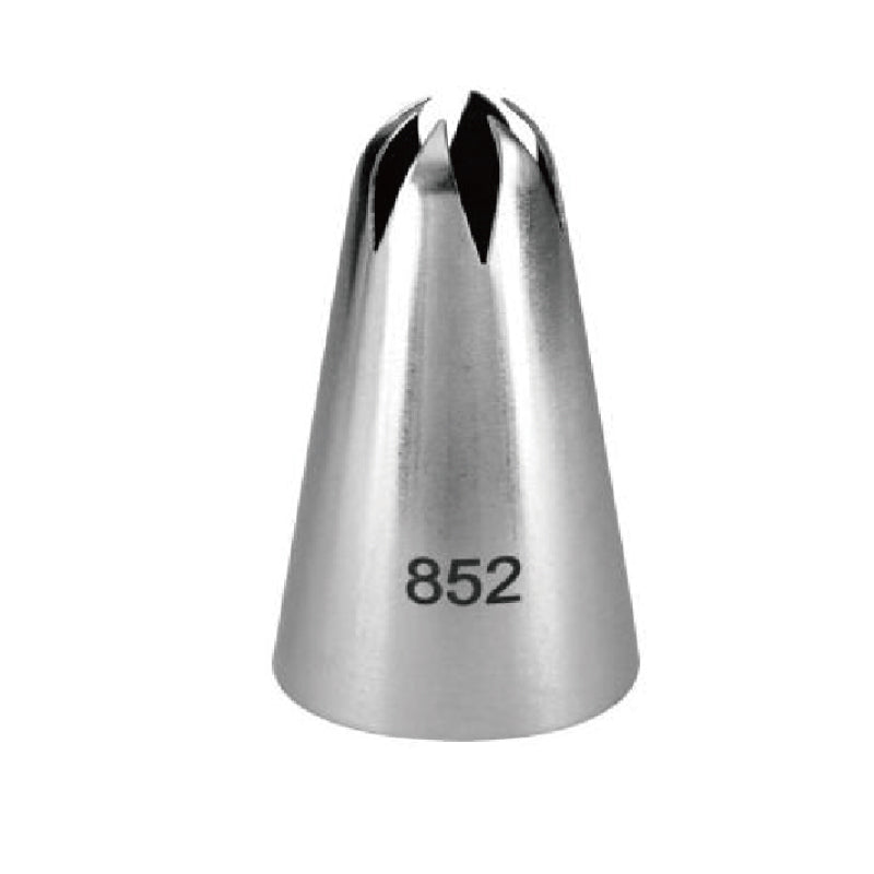 A stainless steel piping nozzle with a tapered, conical shape and an open tip featuring four prongs. The side of the nozzle is marked with the number "852."