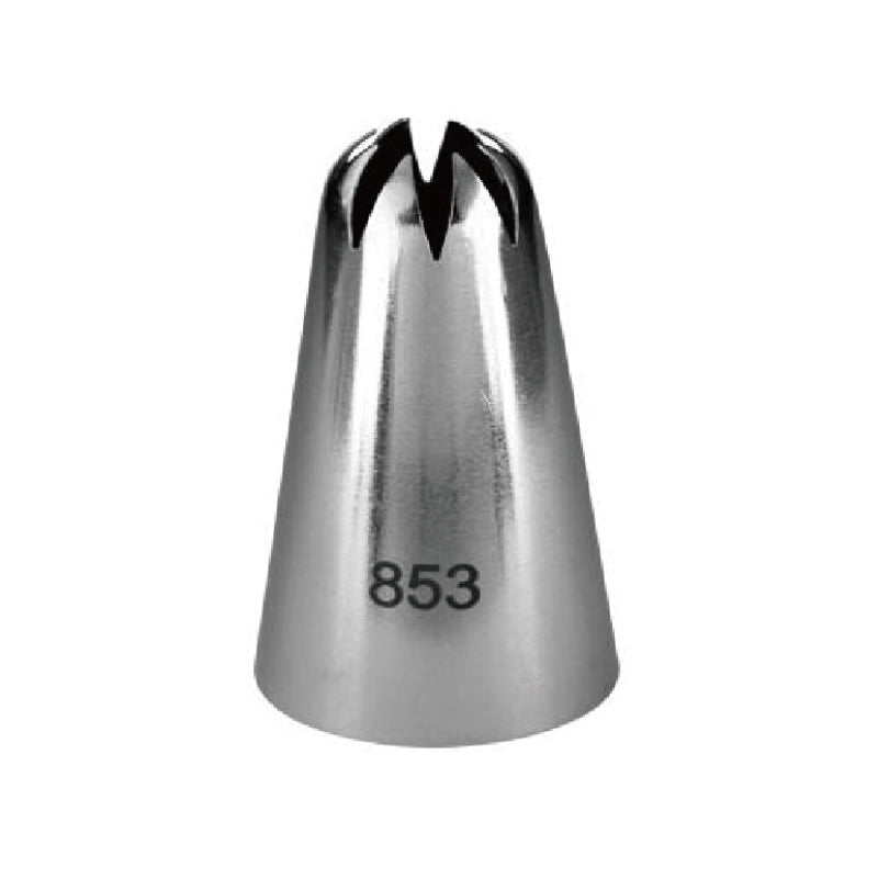 A stainless steel piping nozzle with a conical shape and a number "853" printed on the side. The tip has two elongated openings in a V-shape, designed for decorating cakes and pastries.