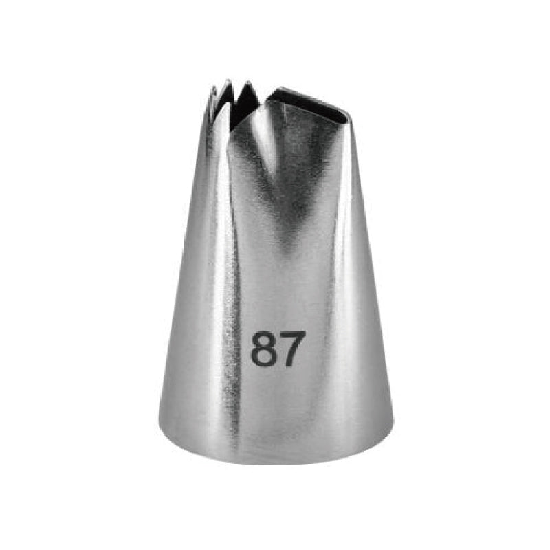 A metallic piping nozzle with a conical shape, featuring a jagged opening at the top. The number "87" is printed on the side of the nozzle.