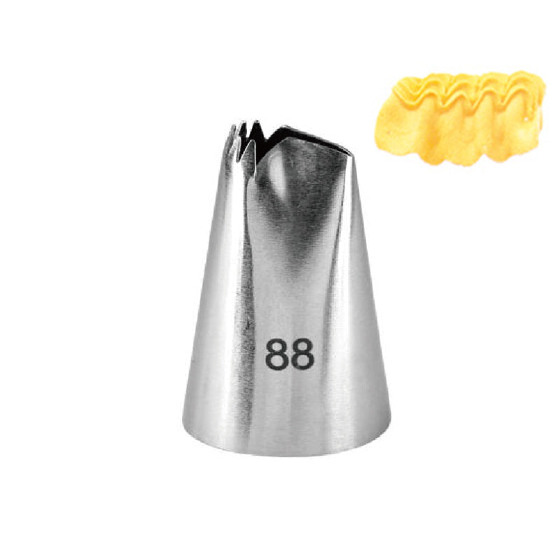 The image features a metallic piping nozzle with the number "88" printed on its side. The nozzle has a tapered shape and a jagged opening at the tip, which is designed for creating decorative icing patterns. Beside the nozzle, there is a swirl of yellow icing, showcasing a ruffled decorative style. The overall composition highlights the piping nozzle as a useful tool for cake and pastry decoration.